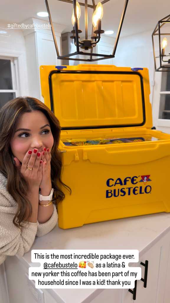 Diana Saldana reacting to the open Café Bustelo cooler in an Instagram Story